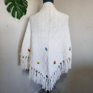 White Hand Crochet Granny Shawl with flowers And Fringe